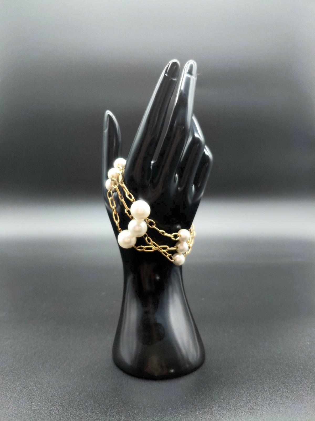 Vintage Faux Pearl Multi Strand Bracelet Gold Tone Fold Over Clasp Costume 7″