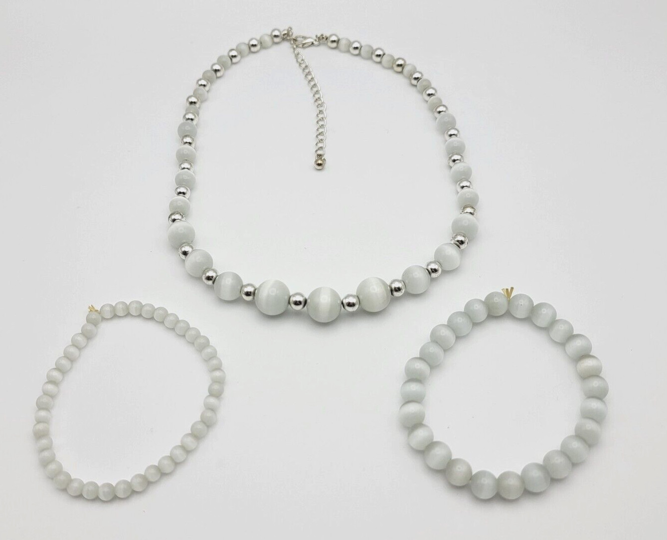White Moonstone Beaded Necklace And 2 Stretch Bracelet Set 19 In Silver -Tone