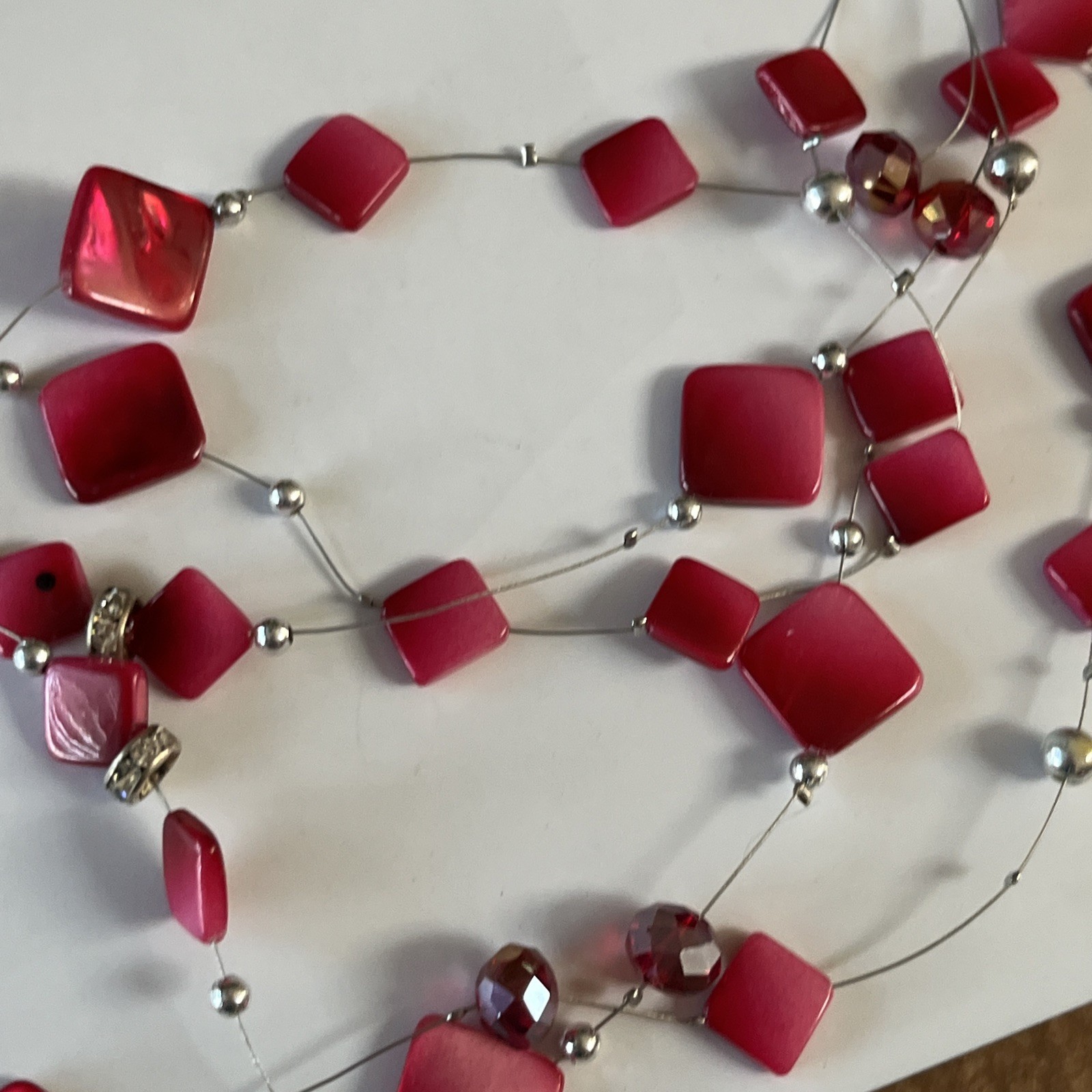 5 layers 27 inch Layered Hot Pink And Grey silver tones Beaded Necklace elegant