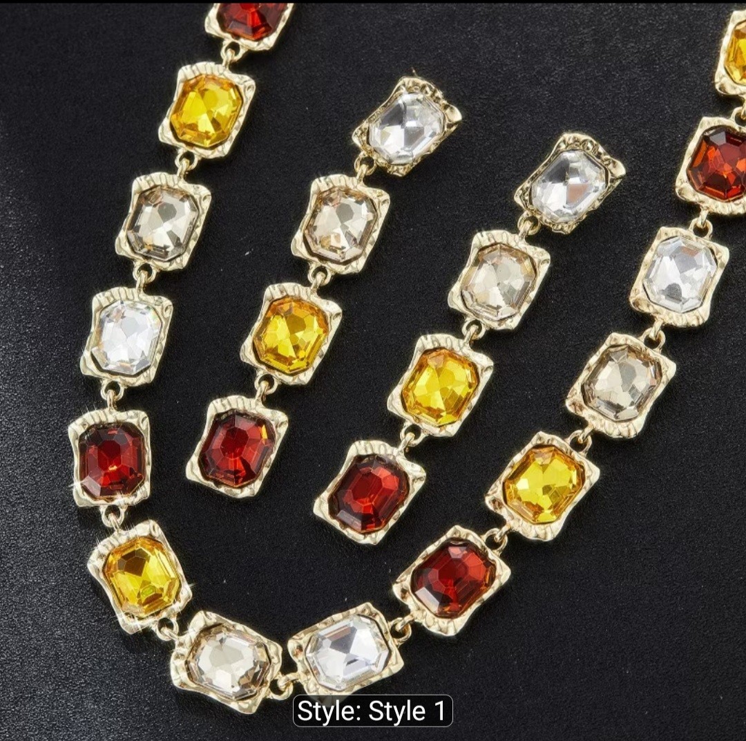 Gold Tone Multicolor Cushion Crystal Necklace & Dangle Earrings Jewelry Set