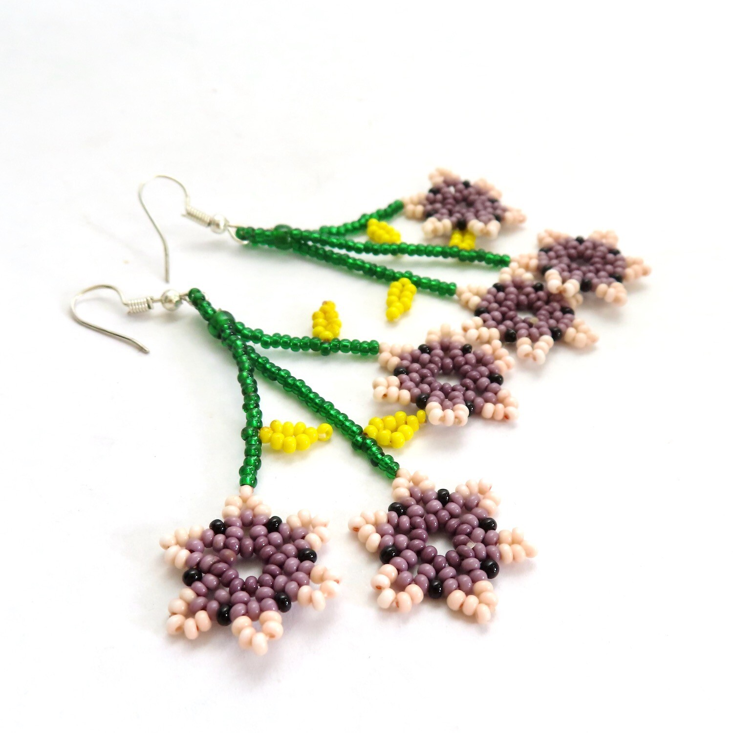 Beaded Dangle Earrings Pink Purple Flowers Huichol Handmade Mexican Folk Art