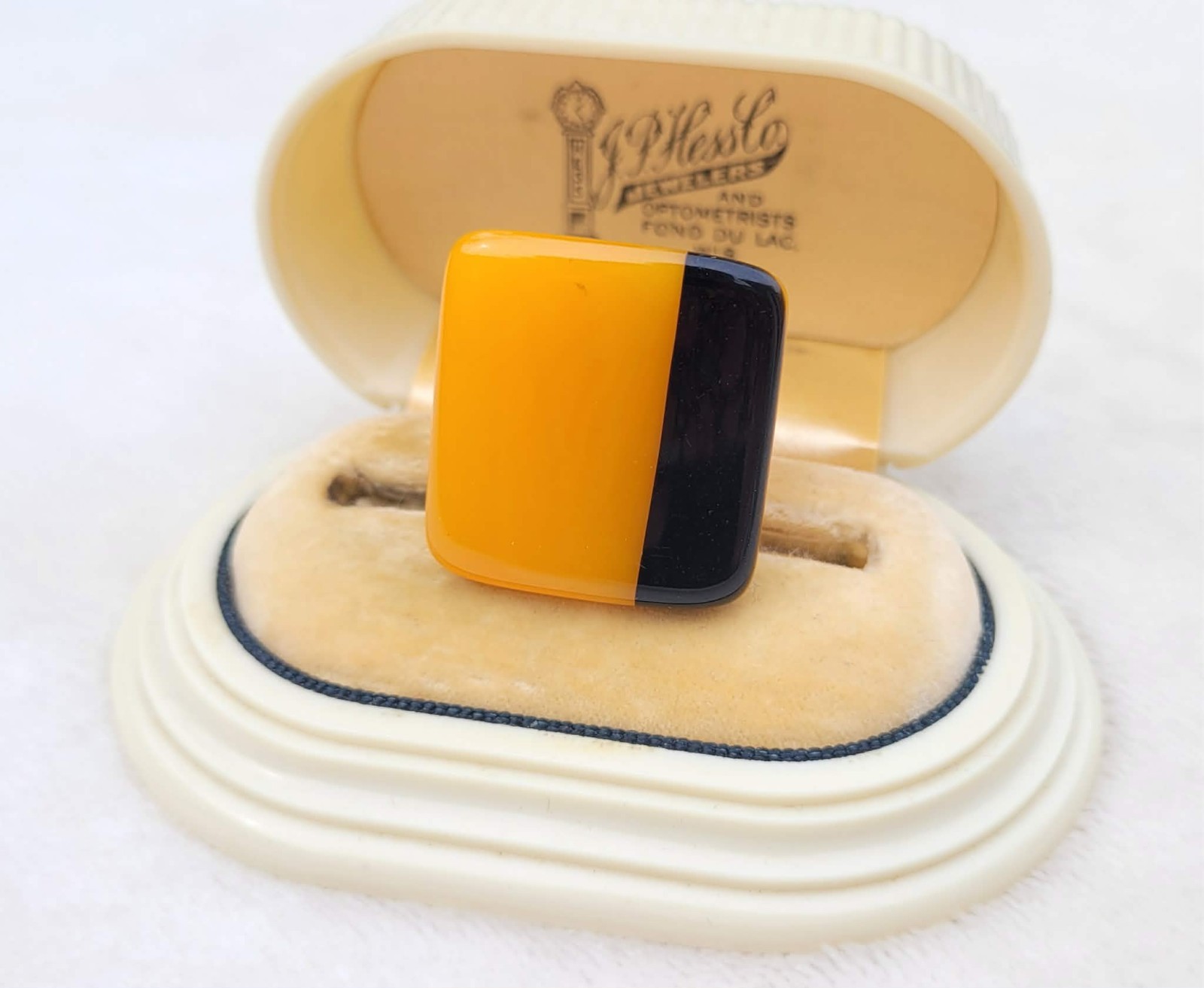 Vtg Marion Godart France Resin Square Black & Yellow Art Deco Revival Ring Sz 7