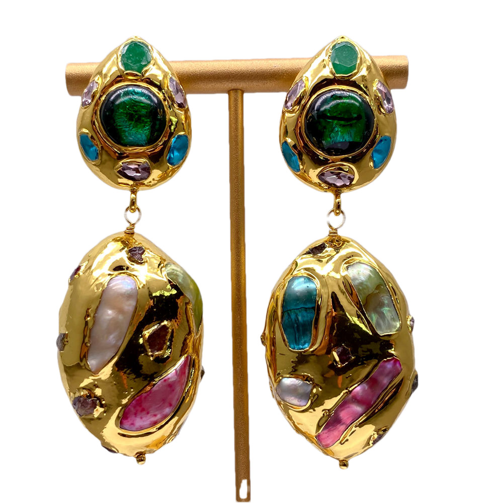 Multi Color Shell Pearl Blue Murano Glass Crystal Dangle Earrings