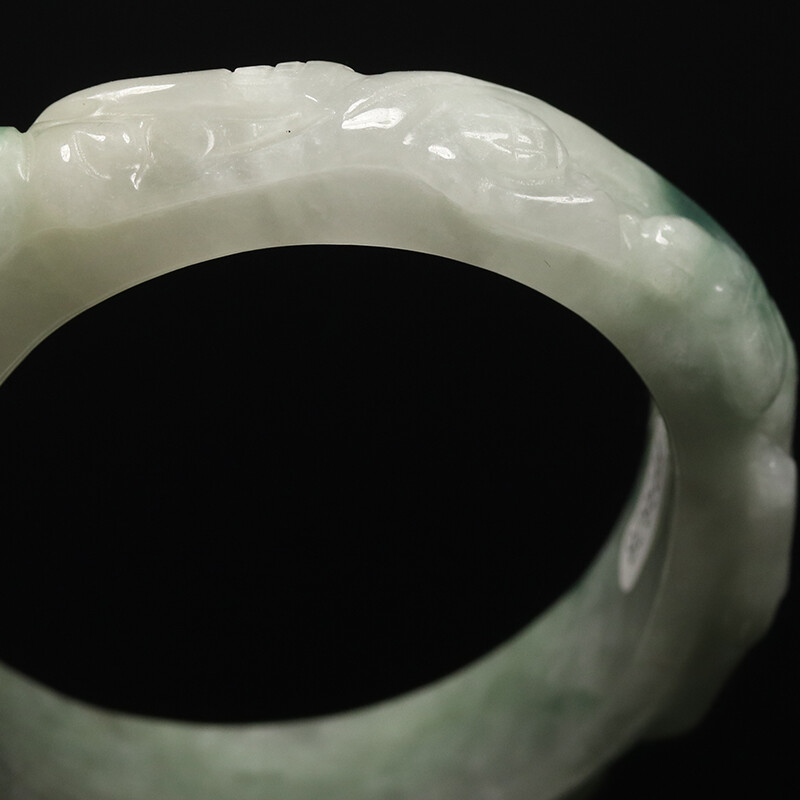 53mm White Green Jadeite Jade Bangle Bracelet Hand-carved Dragons 07709