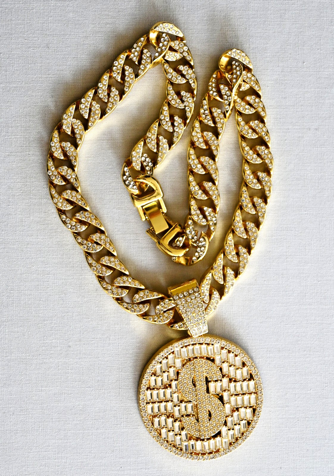 $ Dollar Sign Hip Hop Iced Baguette Pendant Crystal Cuban Chain Bling Necklace