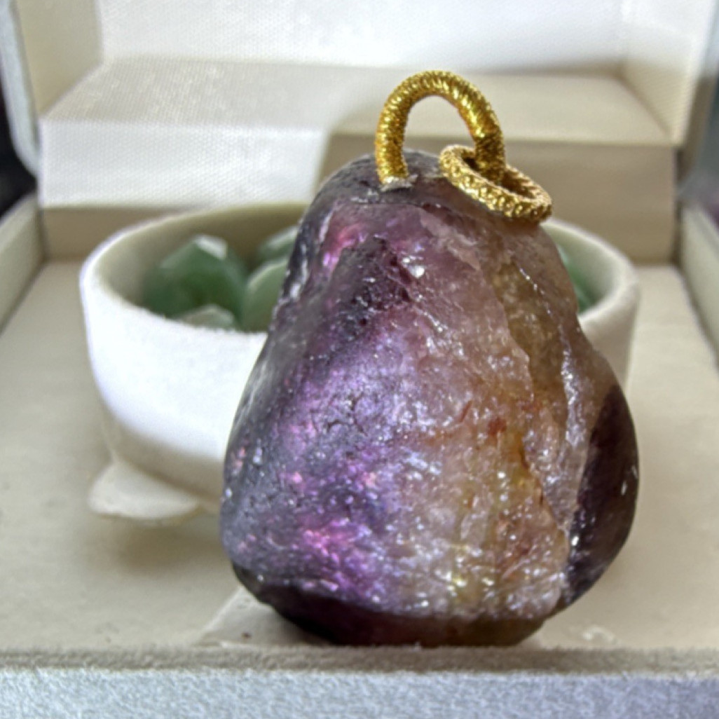 Tourmaline in Quartz Rubellite Stone Pendant Purple with 18k Gold Bail