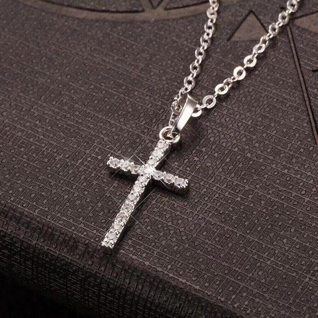 1.20 Ct Round Cut Simulated Diamond Cross Pendant Chain 14K White Gold Plated