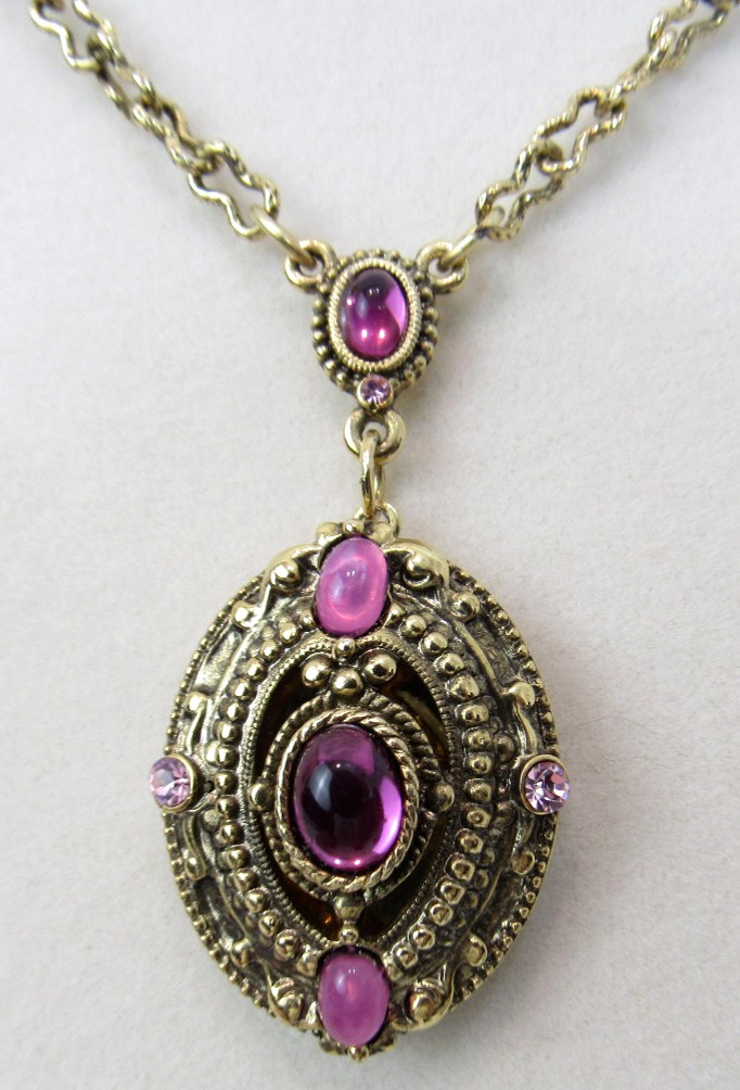 Delicate 1928 Brand Lavalier Locket Pink/Rose Stones on 26″ Long Chain Necklace