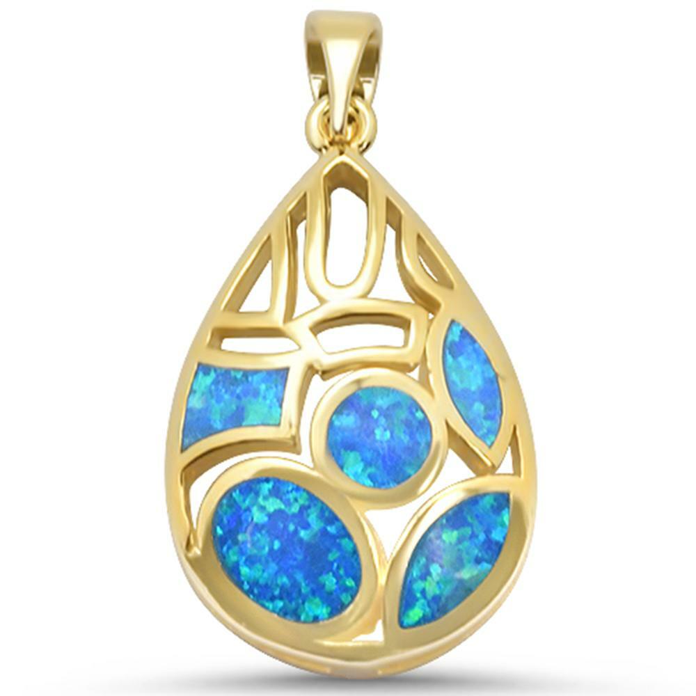 Yellow Gold Plated Blue Opal Design .925 Sterling Silver Pendant