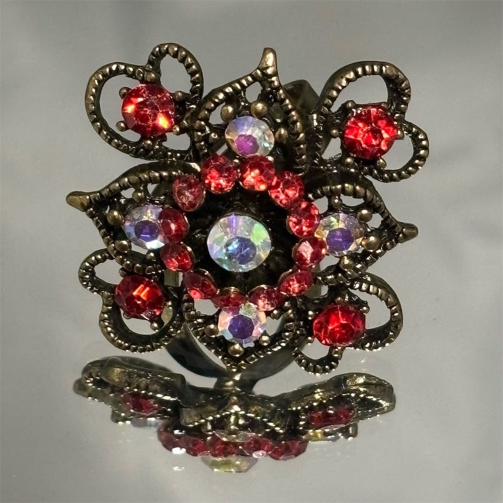 Vintage Cocktail Ring Adjustable Size 7 to 9 Red Aurora Borealis Rhinestone