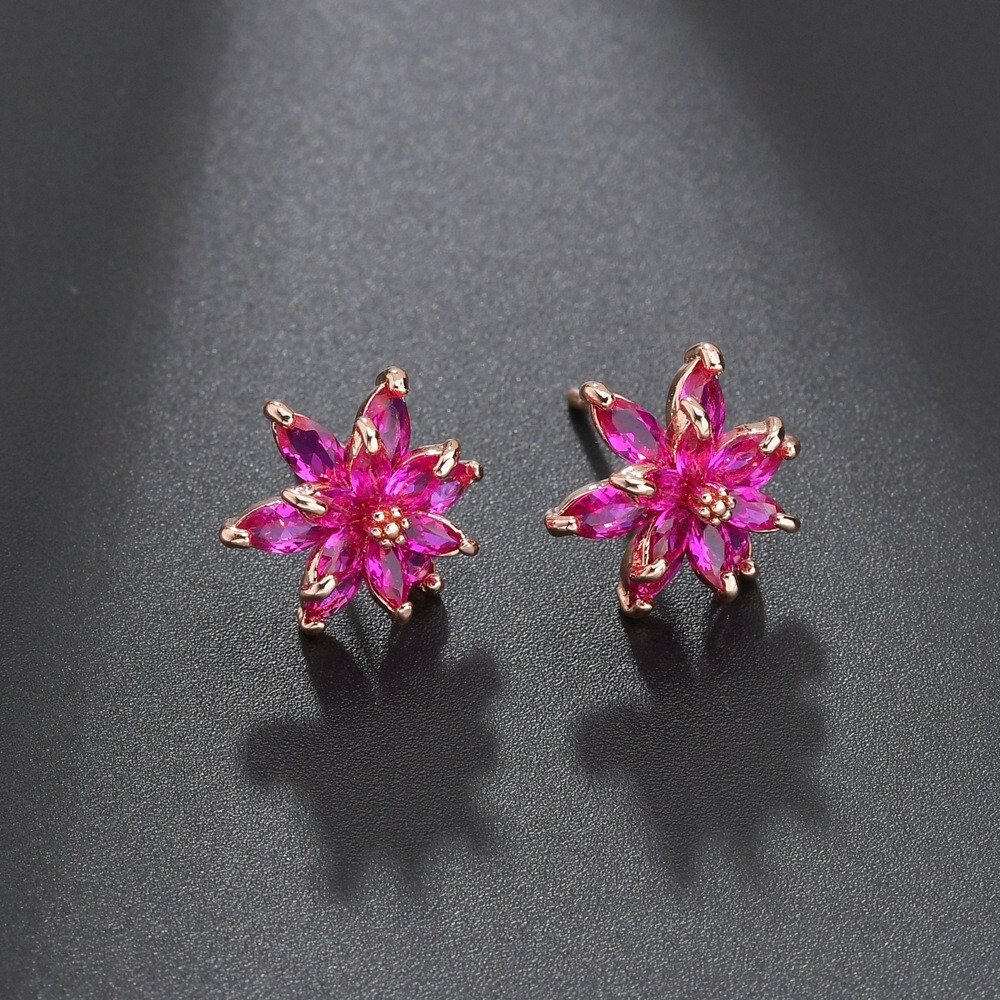 Rose Gold Plated Hot Pink Fuchsia CZ Layered Petal 10mm Flower Stud Earrings