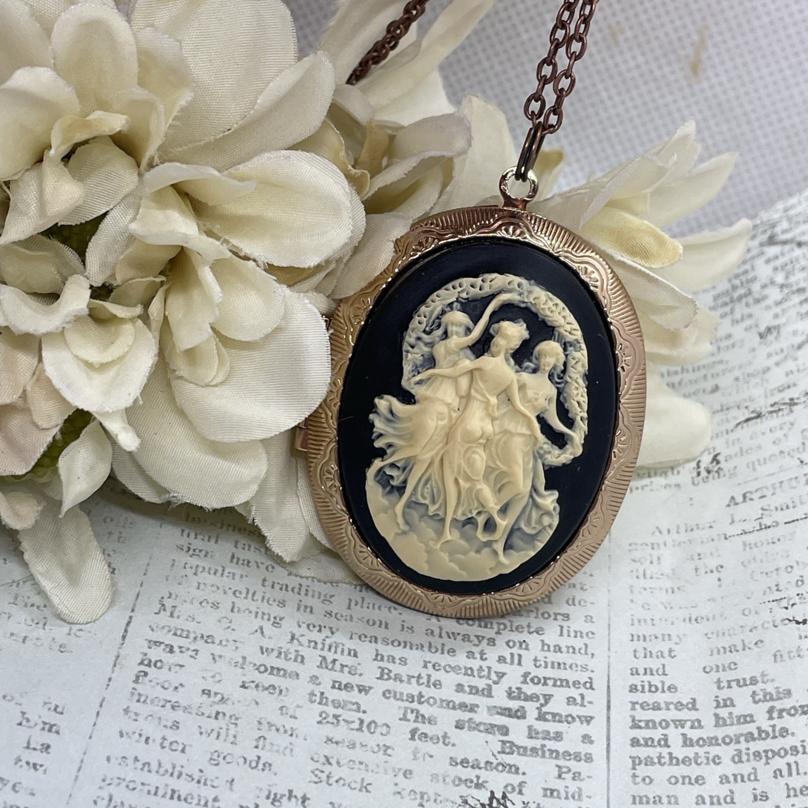 Rose Gold Photo Locket Necklace Birthday Gift 3 Graces Muse Muses Dancer Cameo