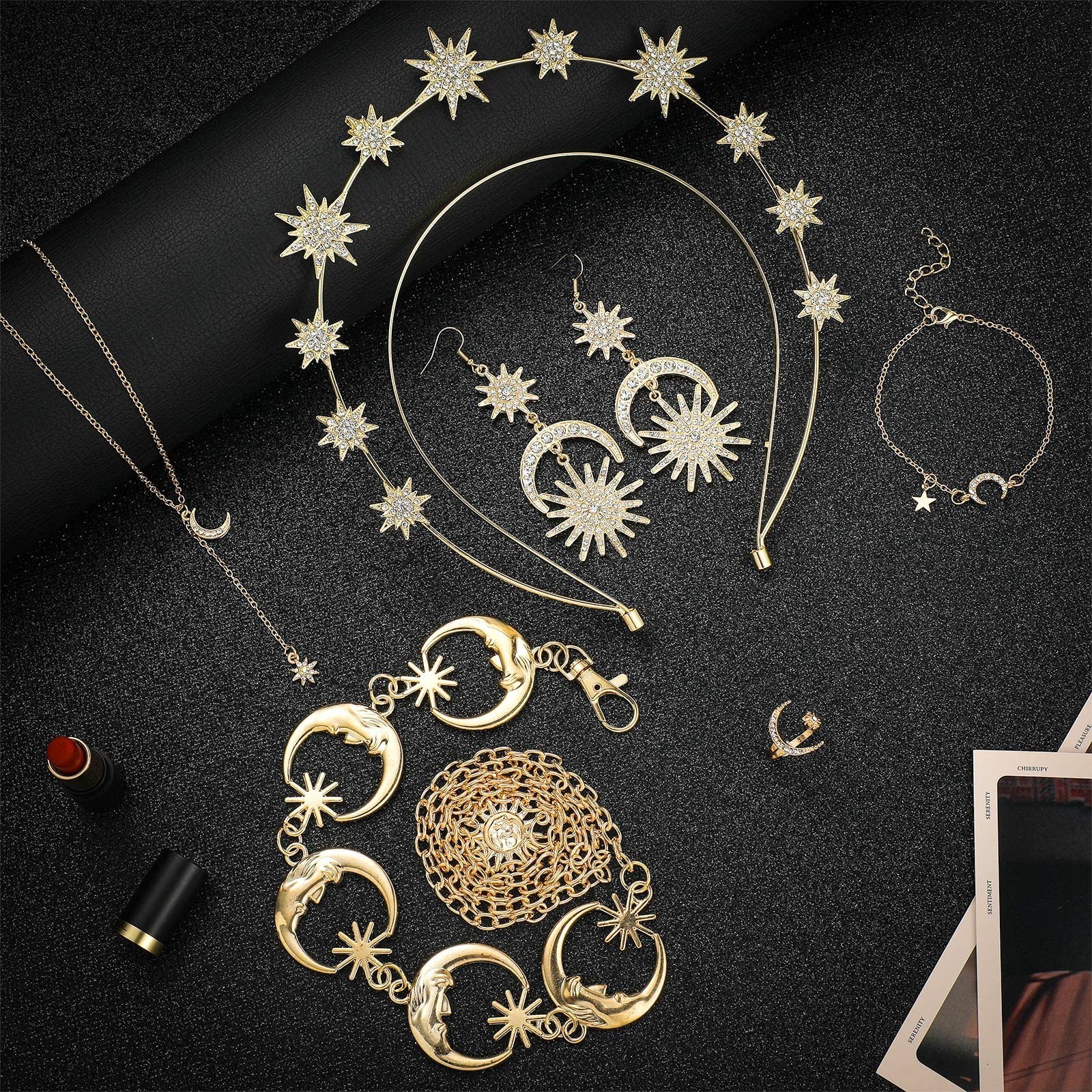 6 Pcs Celestial Jewelry Set – Crown, Moon, Star Headband, Earrings, Tiara for We