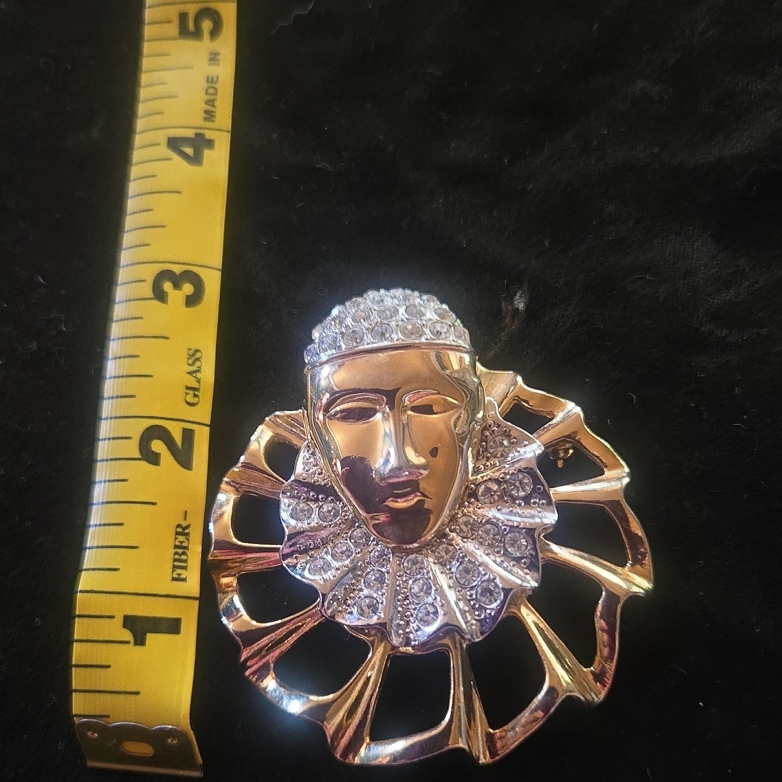 Gold Tone Clear Rhinestone Face Mask Brooch Pin, Pavé Setting, 2 in