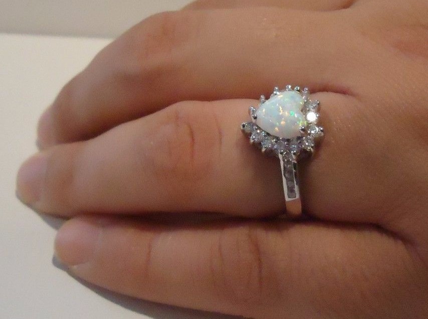 HEART SHAPE RING 2.50 CT LAB CREATED SIMULATED DIAMONDS/OPAL 925 STERLING SILVER