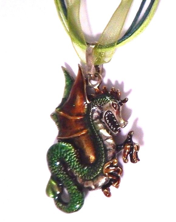 GREEN ENAMEL DRAGON NECKLACE medieval wyvern ribbon pendant renaissance M3