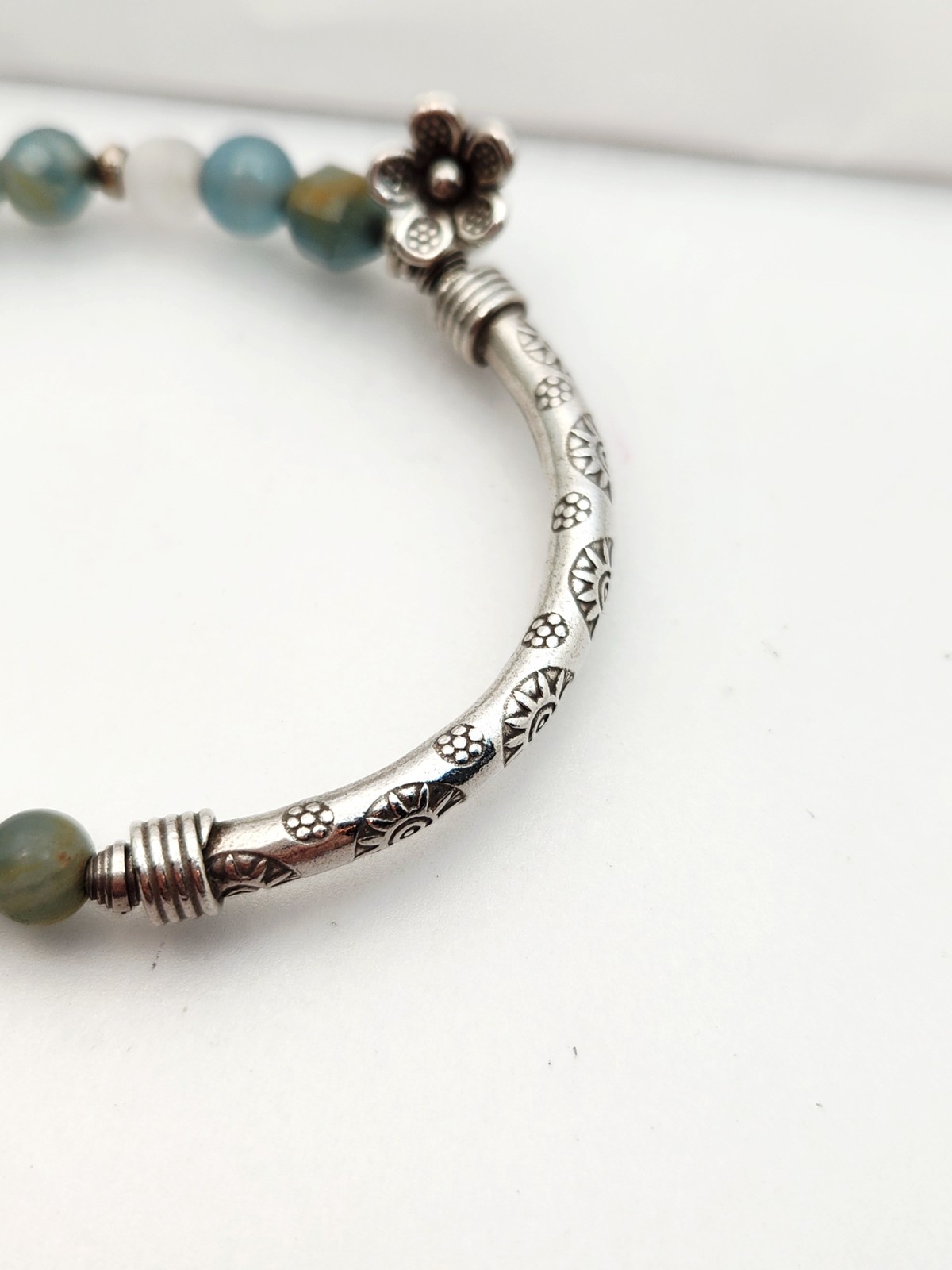 Sterling Silver Bar Stone Bead Bracelet Blue Brown Bangle Stretch Flower Sun 925