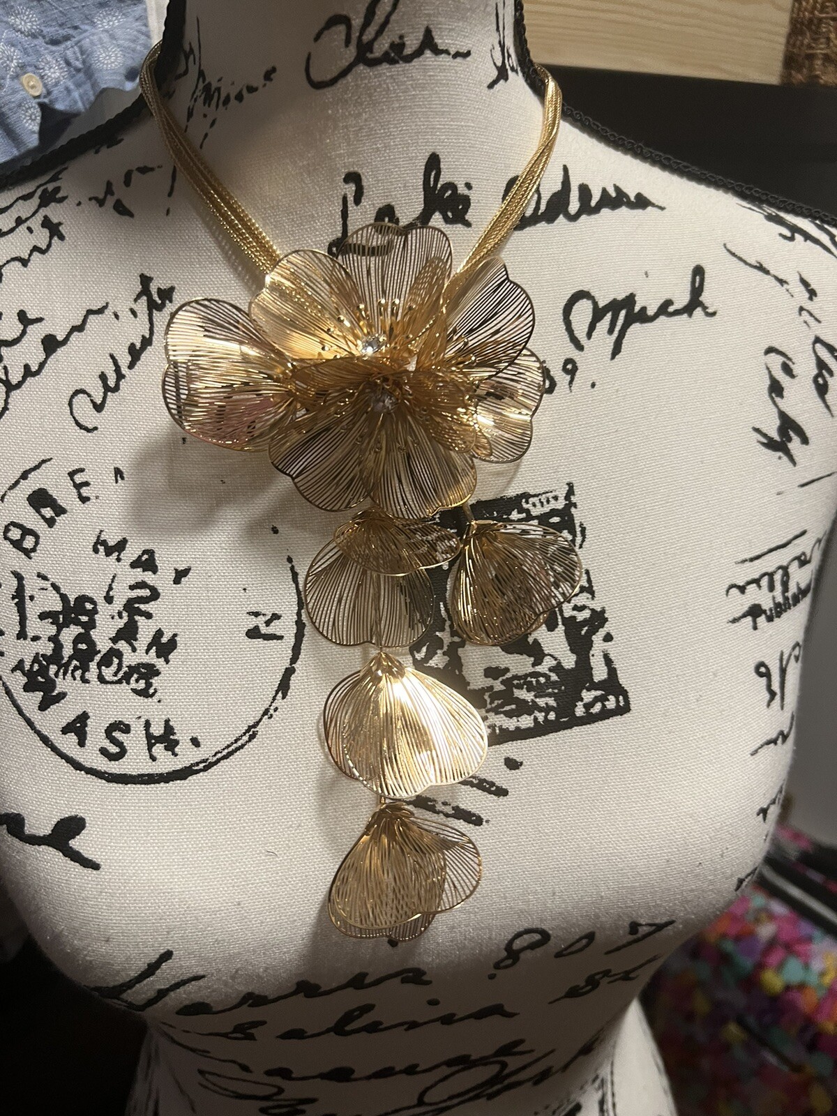 Zara Flower Necklace Cascade Gold Bafta Kate Middleton Statement Boho Petal CZ