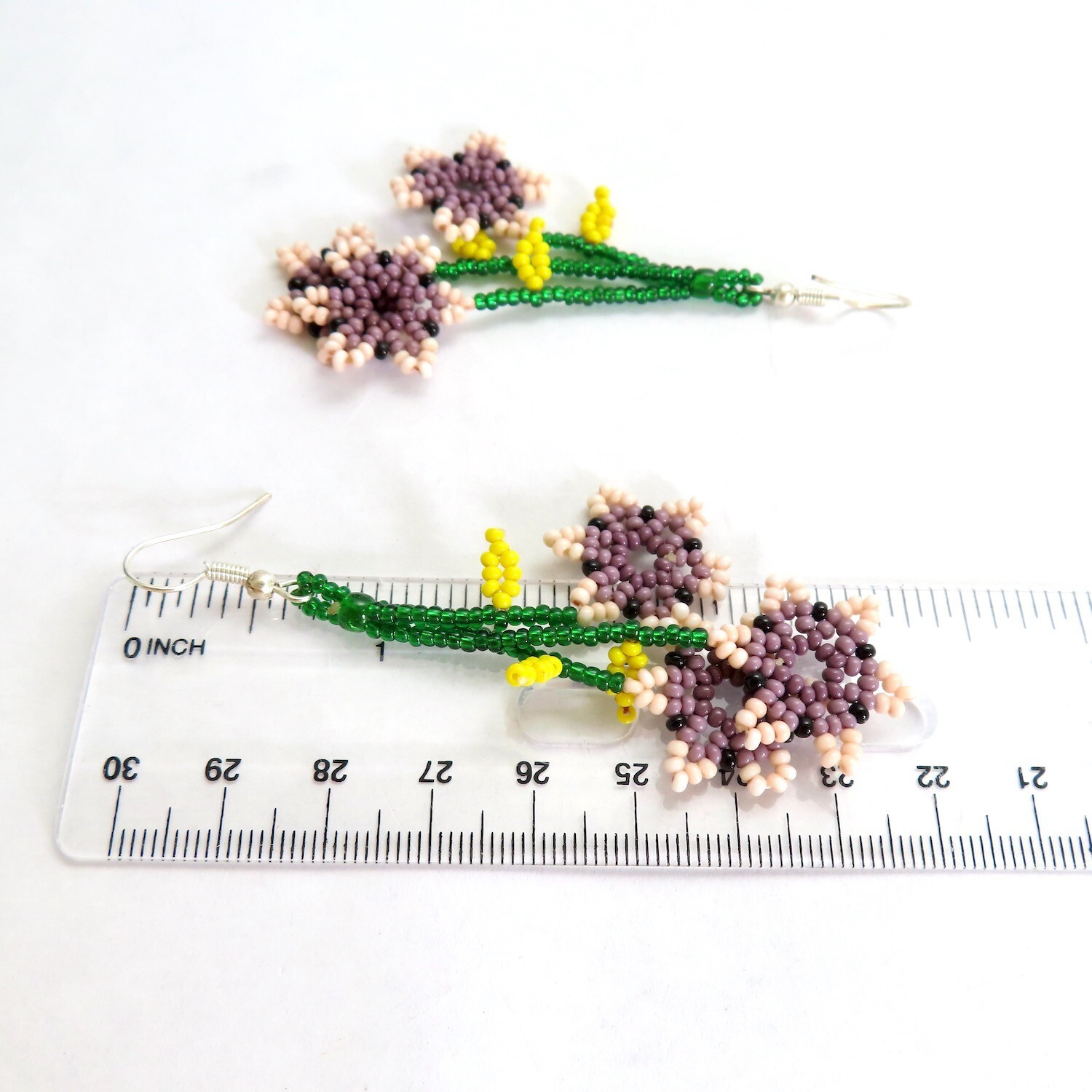 Beaded Dangle Earrings Pink Purple Flowers Huichol Handmade Mexican Folk Art