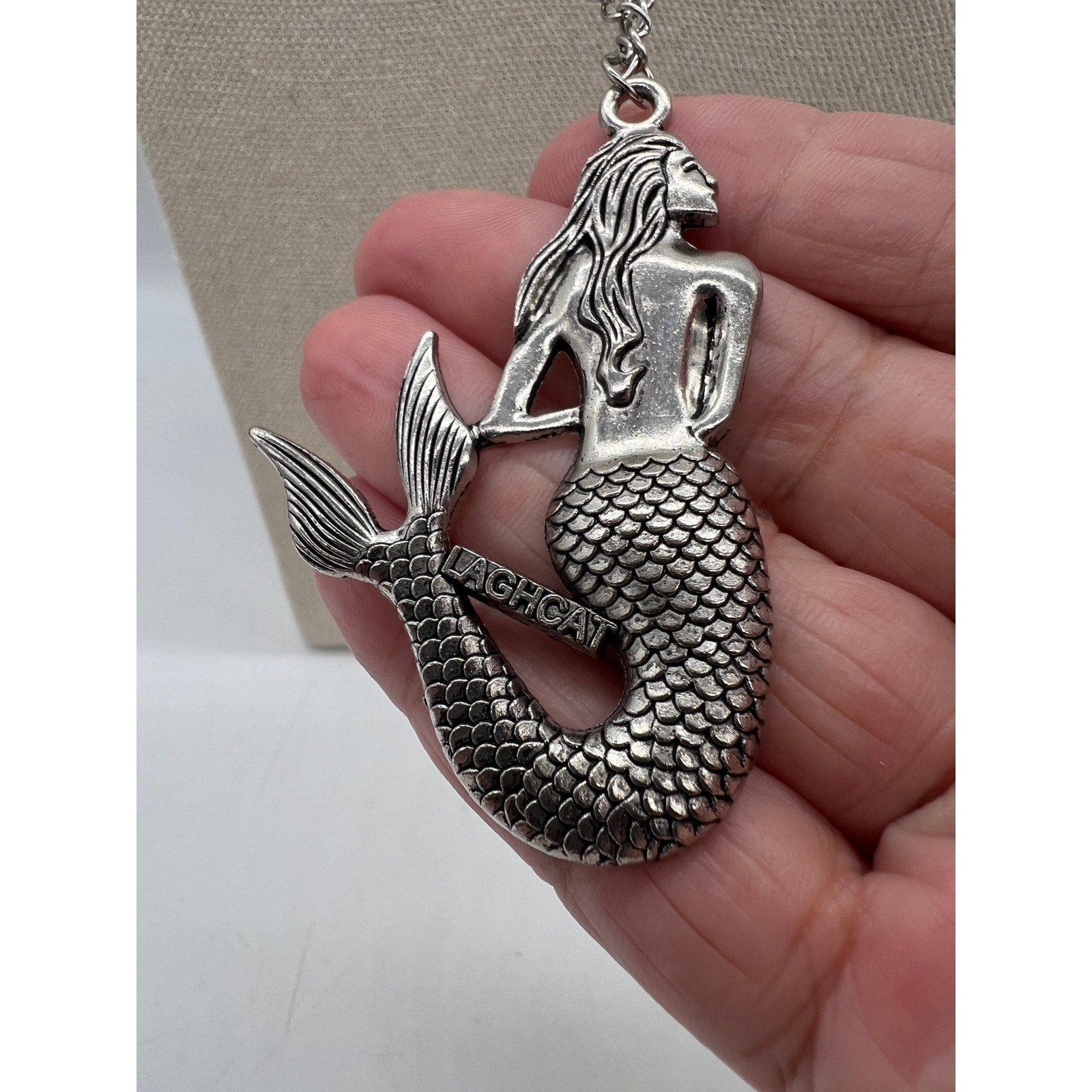 LaghCat Mermaid Pendant Necklace Boho Mermaidcore Fantasy Silver Tone 27in Chain