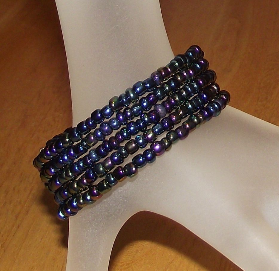 Metallic Black Rainbow Glass Beaded Wrap Bracelet / Coil Beads / USA Made / Gift