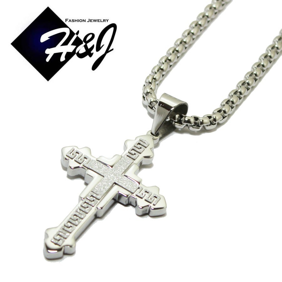 18-40″MEN Stainless Steel 5mm Silver Smooth Box Chain Necklace Cross Pendant*K