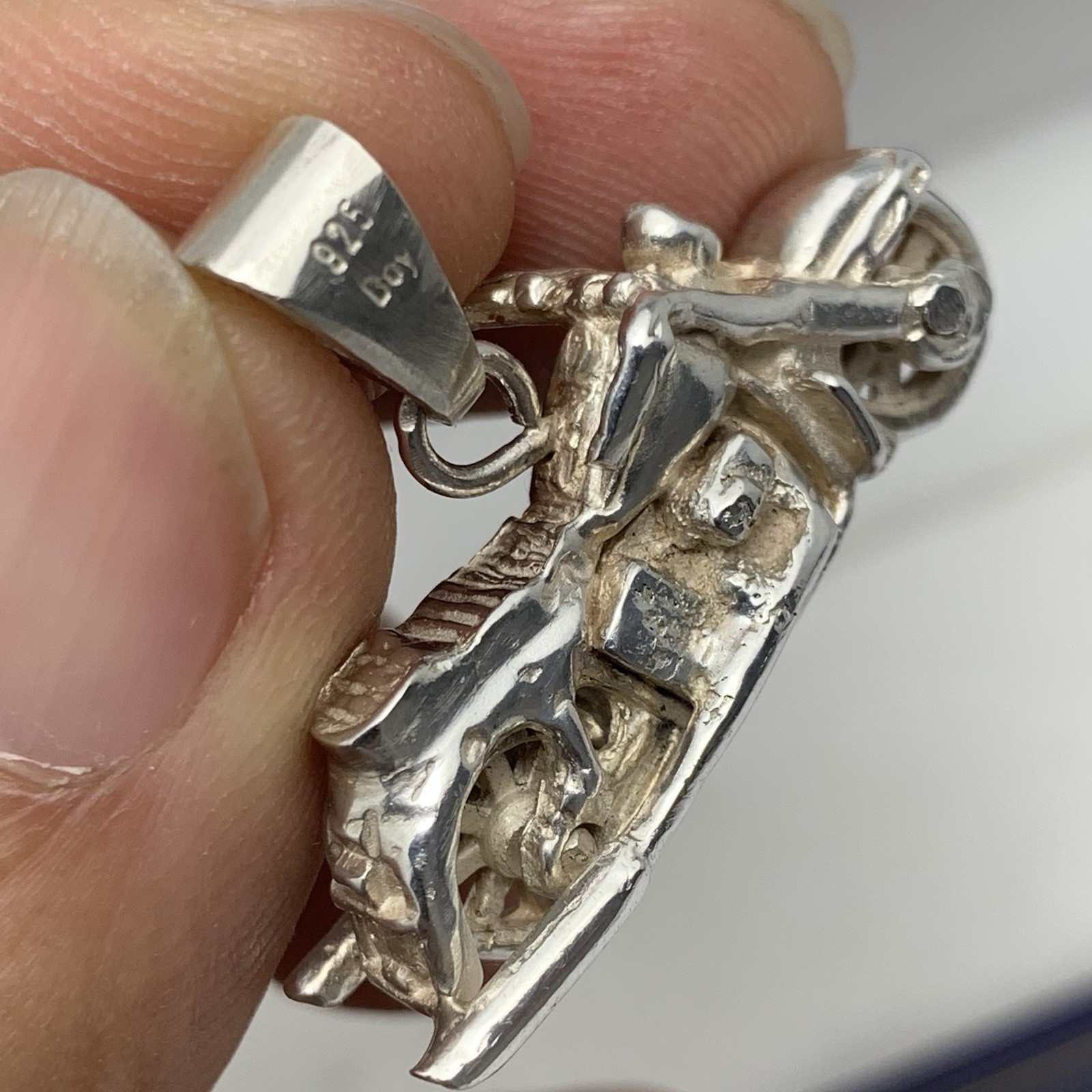 SUPERB Sterling Silver 3D Motorcycle Pendant W/ Rotating wheels ~ .925 ~ 11.5g
