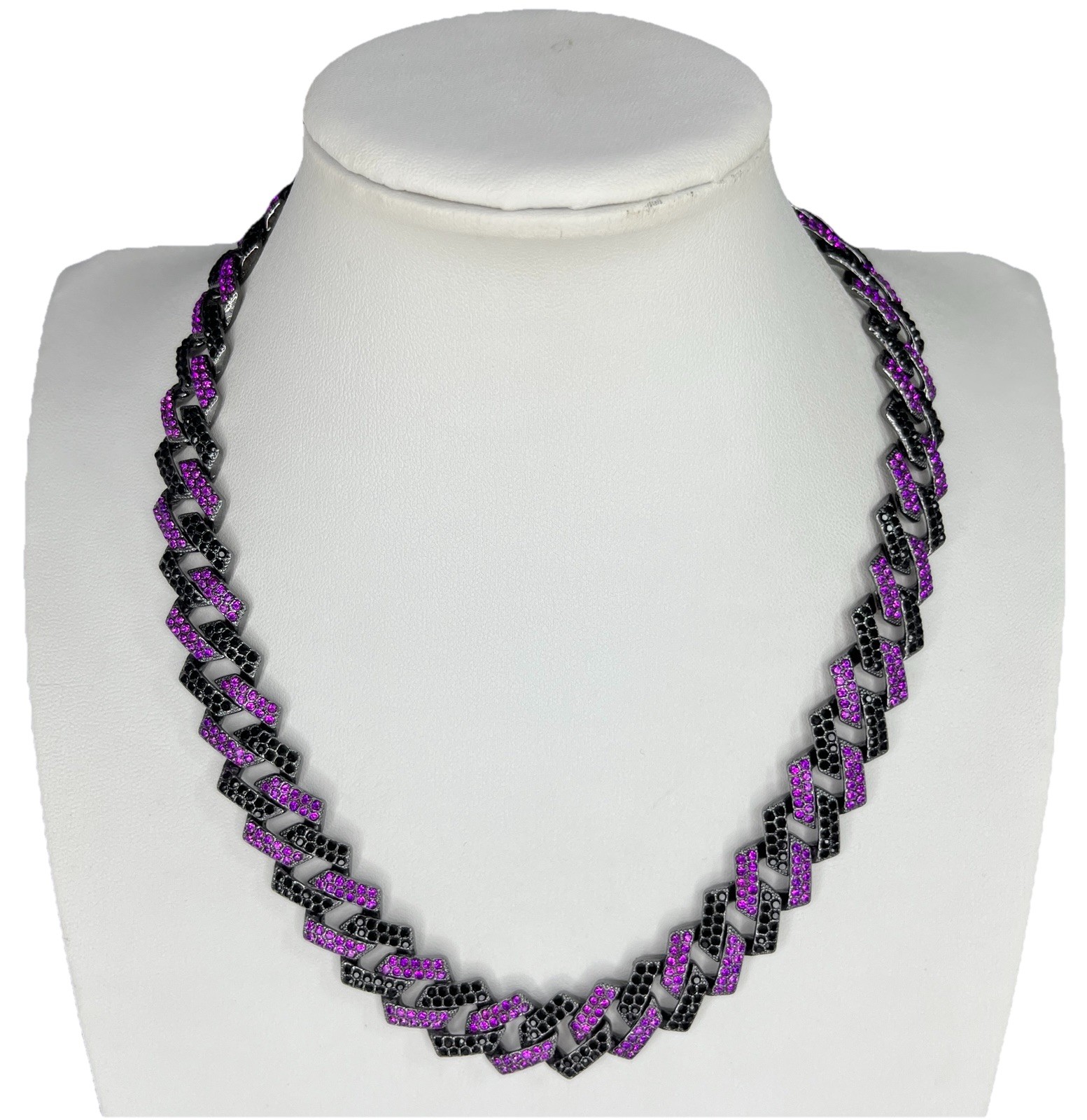 Flat Cuban Link Chain Necklace Black Purple Pave Crystal Gunmetal Wide Choker