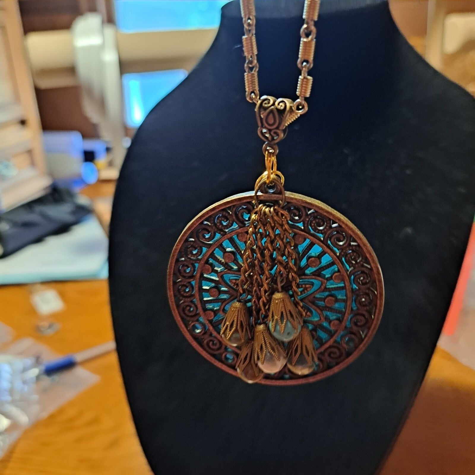 Handmade Bronzetone Medallion Charm Necklace 26″