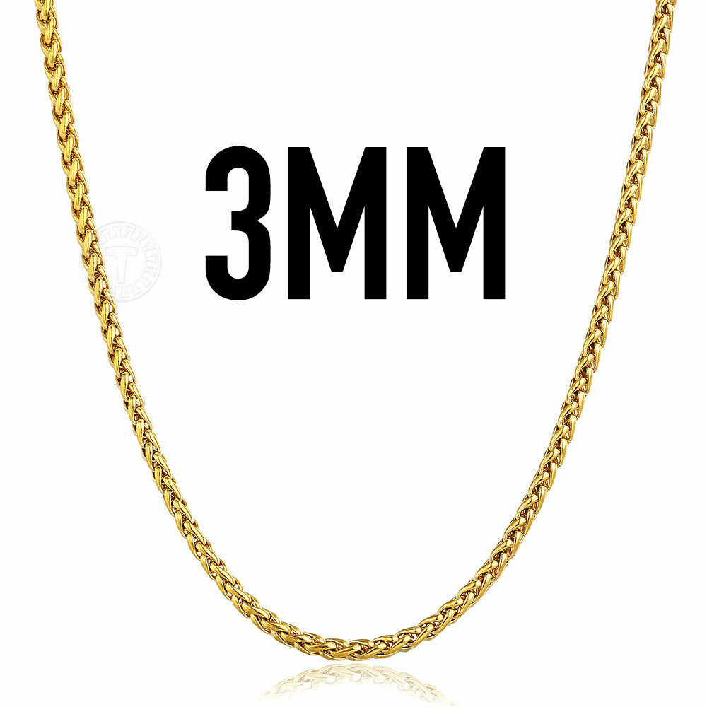 3/3.5/6/9.5mm Men Braided Wheat Spiga Chain Stainless Steel Necklace Gold Plated