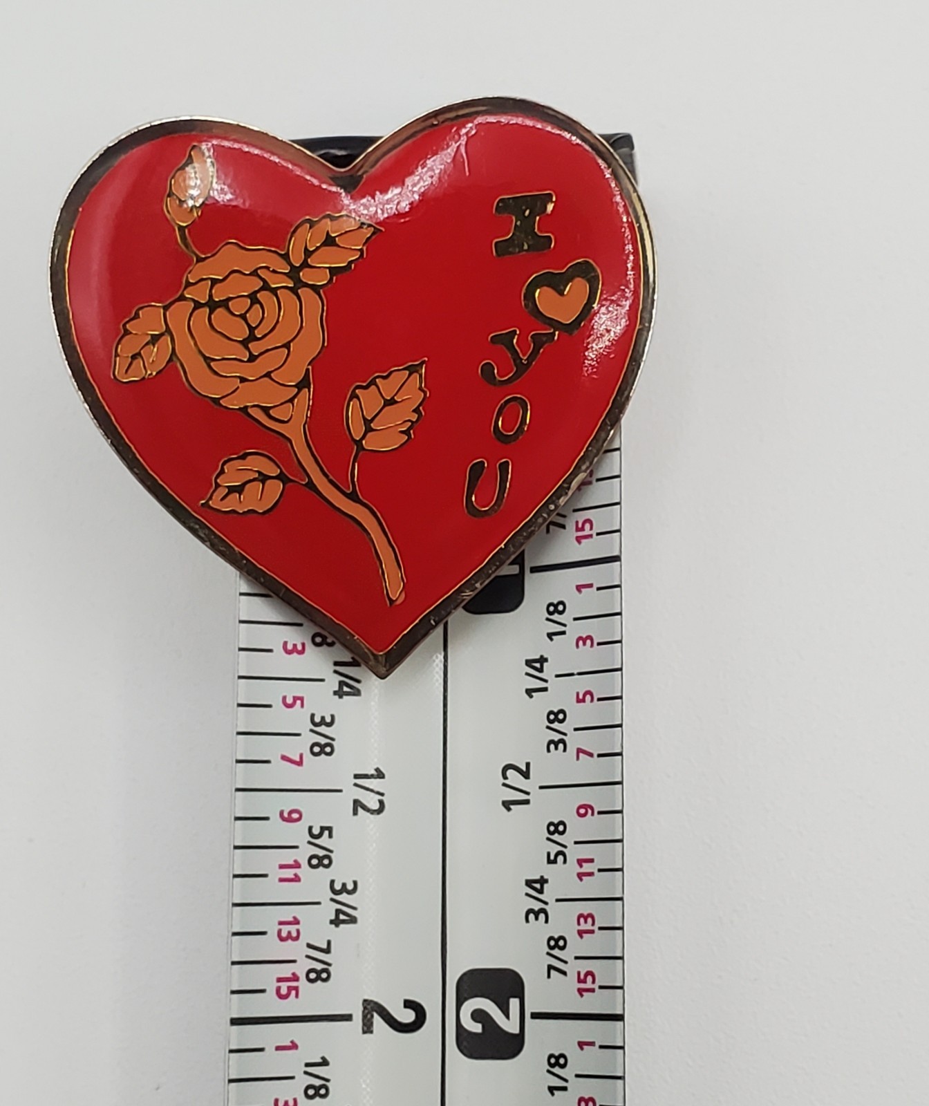 I Heart You Rose Pin 1.25in Red Gold Tone Enamel I Love You VTG Estate Brooch