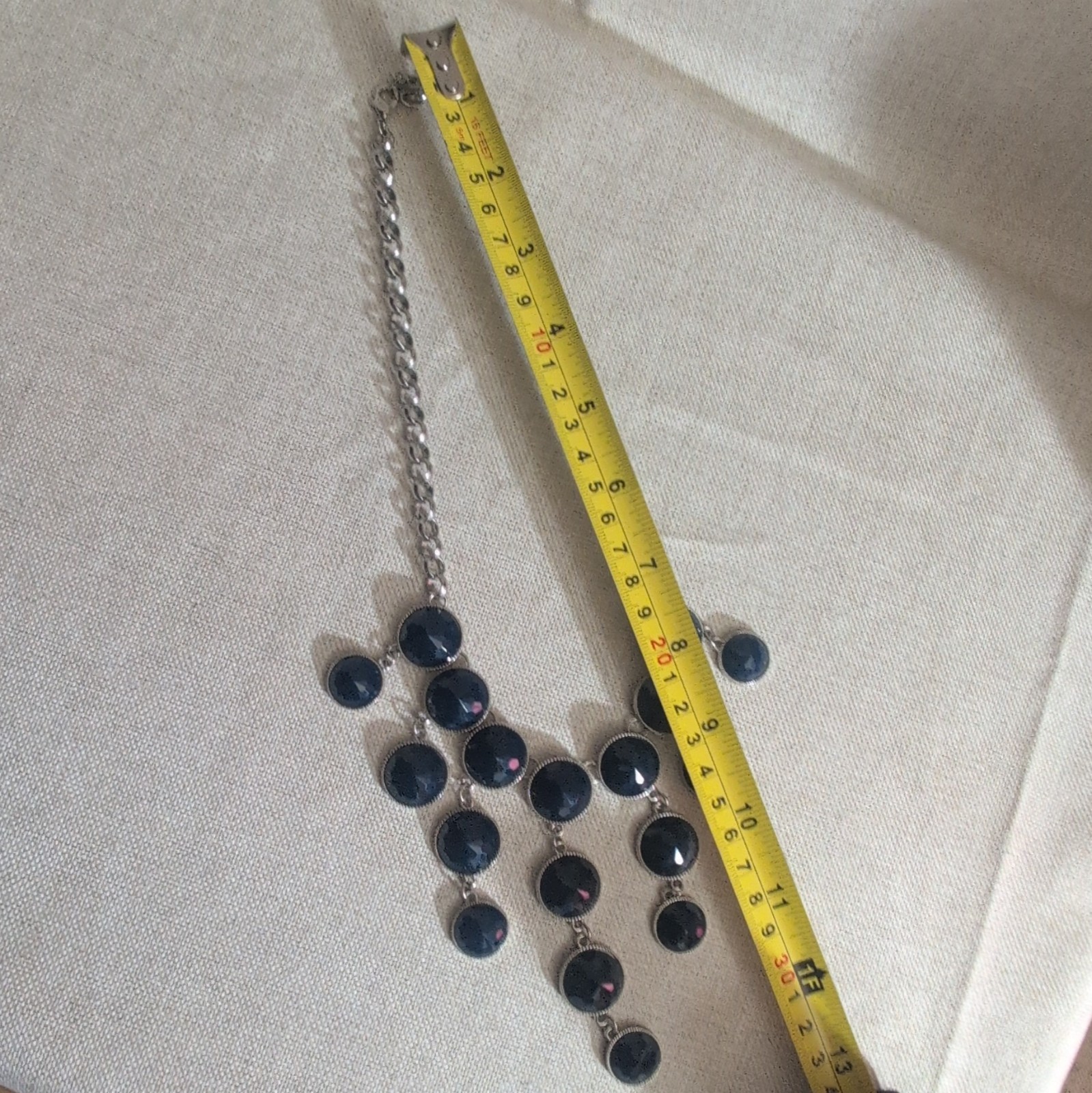 Silver Tone Black Round Bezel Pendant Necklace Cable Chain Lobster 18 in