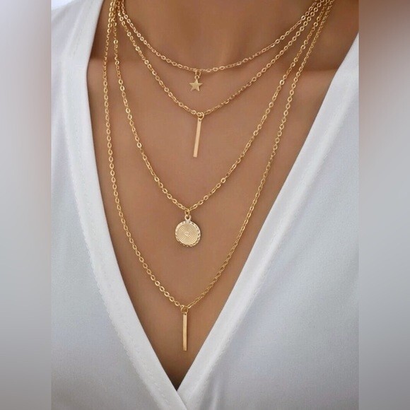 Four (4) Layered Multi Chain Gold Necklace, Column, Pendant and Star