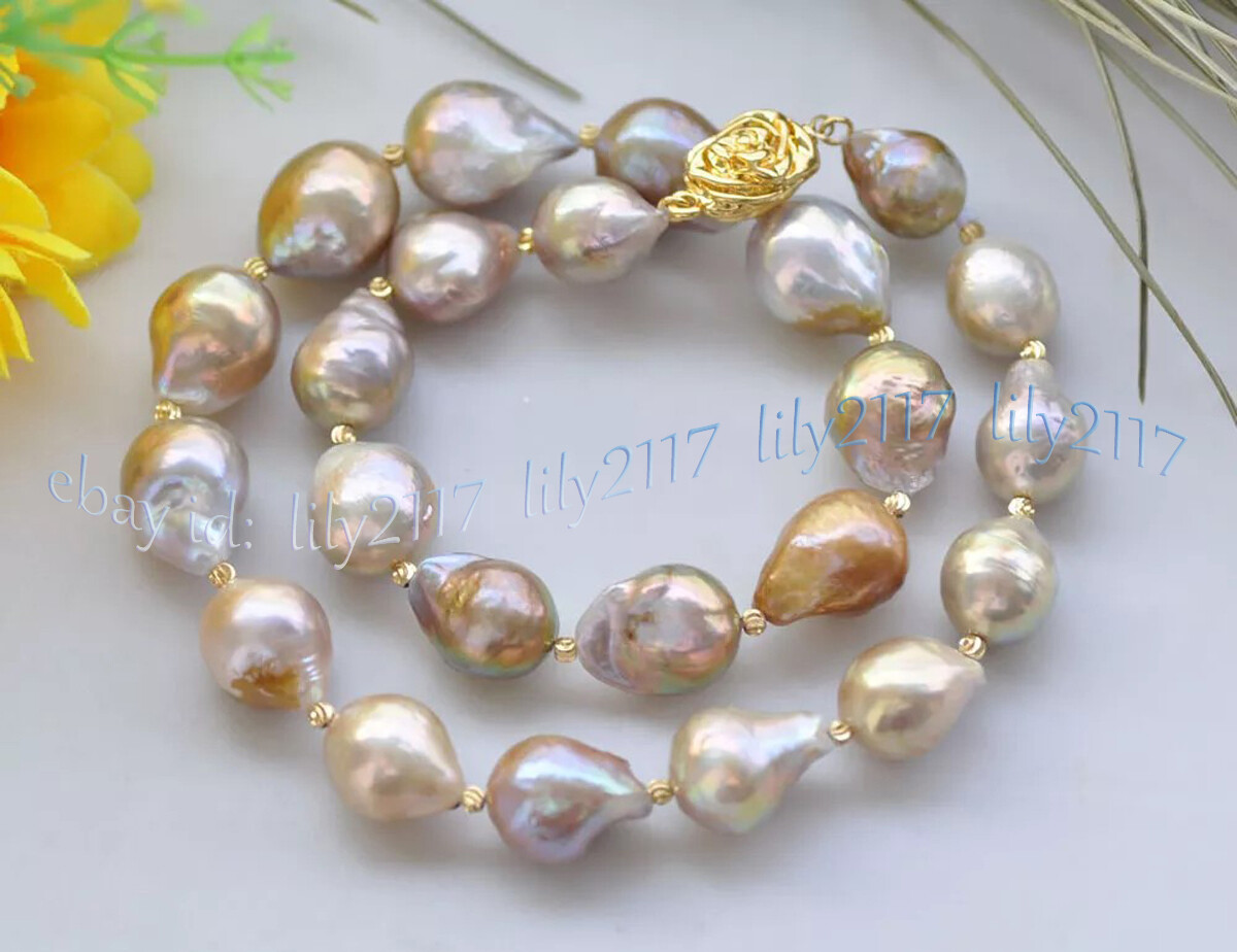 15-20mm Real Natural Peacock Lavender Baroque Keshi Reborn Edison Pearl Necklace