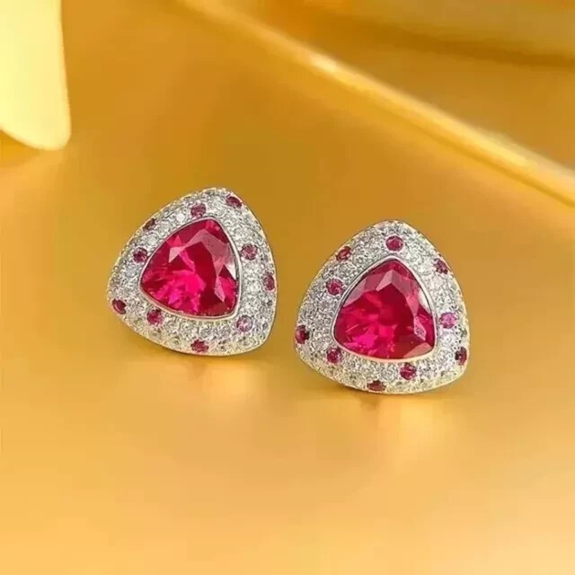 Trillion Cut Simulated Pink Ruby Women’s Stud Earrings In 14k White Gold Plated