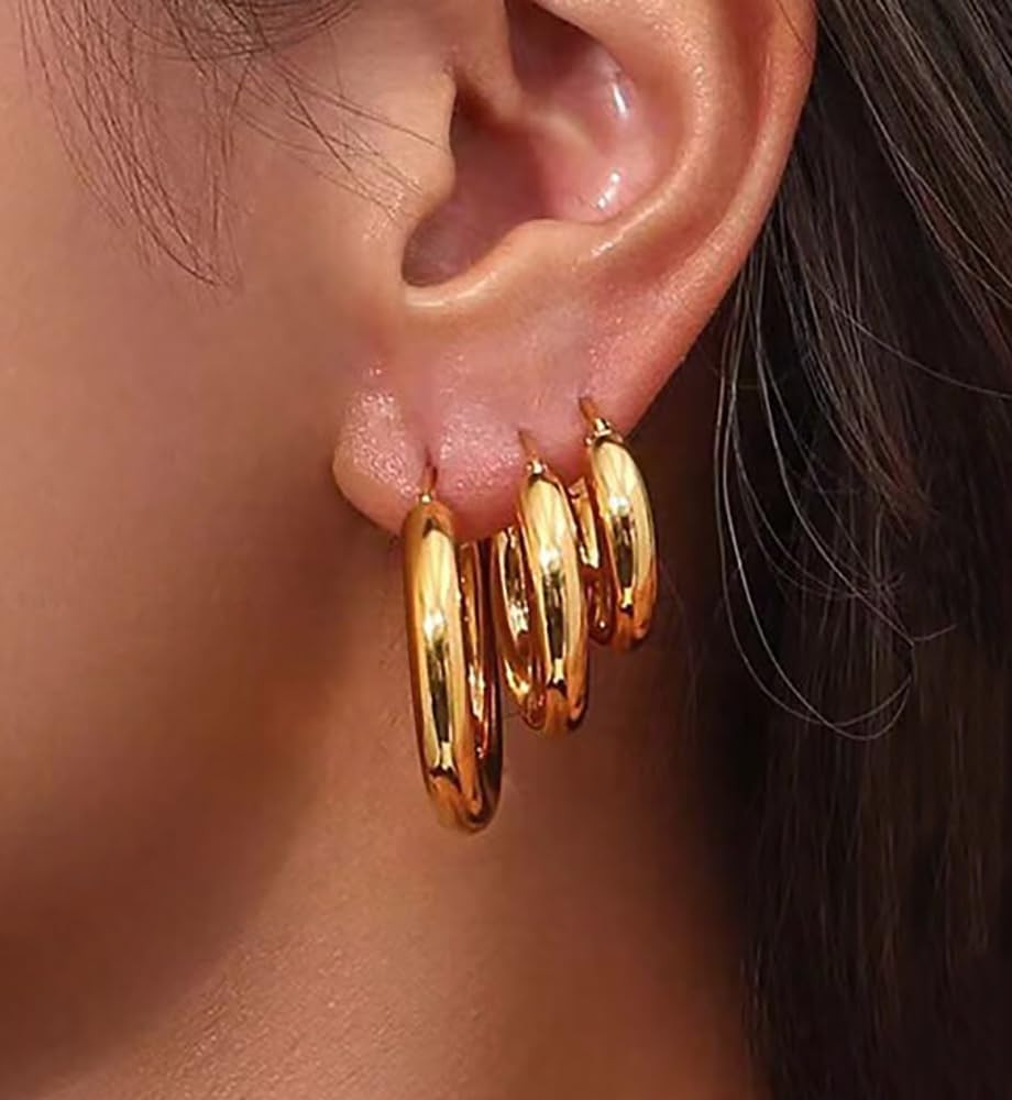 6 Pairs Simple Gold Hoop Earrings Set for Women Trendy, 14K Gold Plated Chunky H