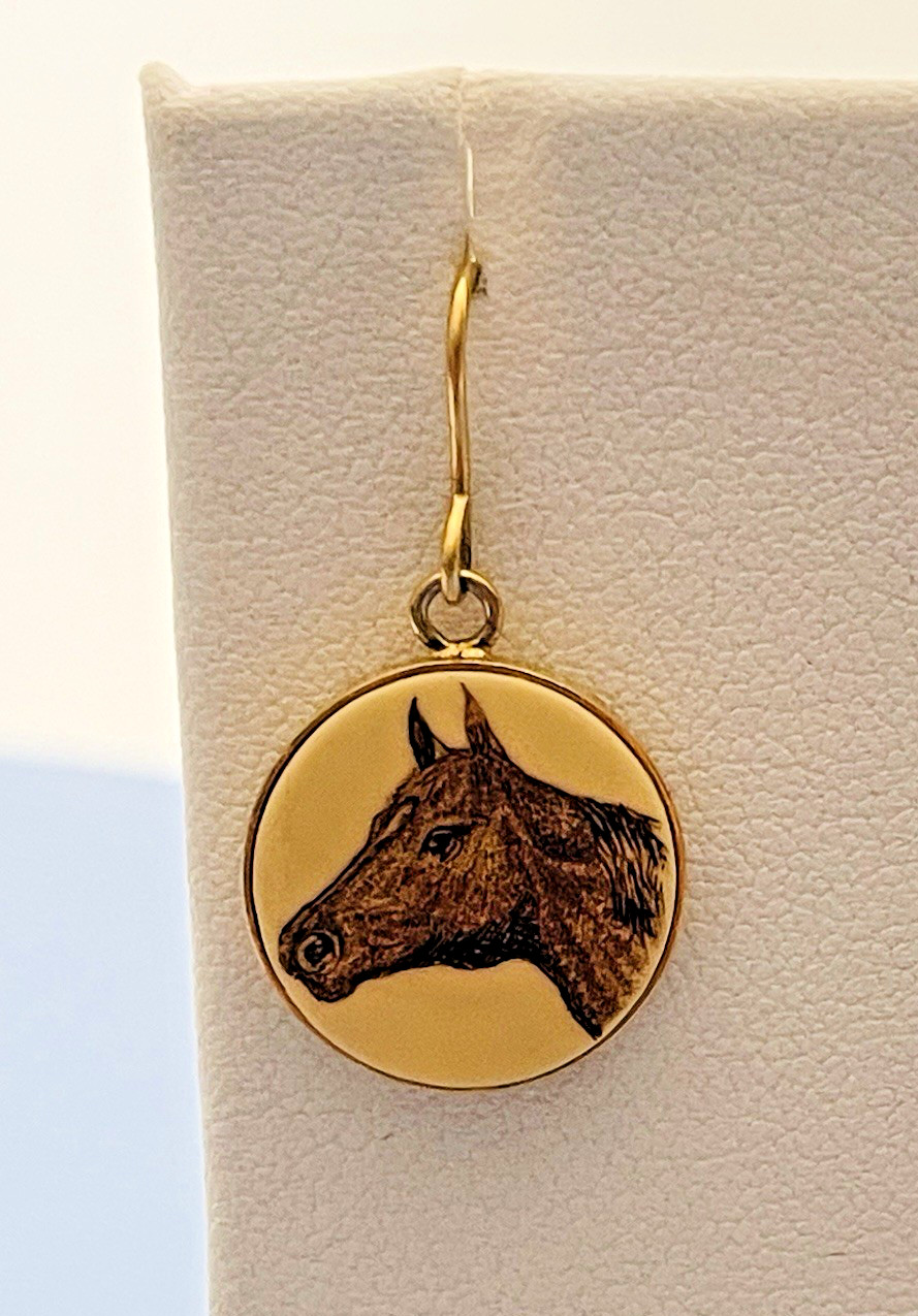 Barlow Scrimshaw Style Horse Earrings Goldtone Dangle Wires approx 1″ Drop