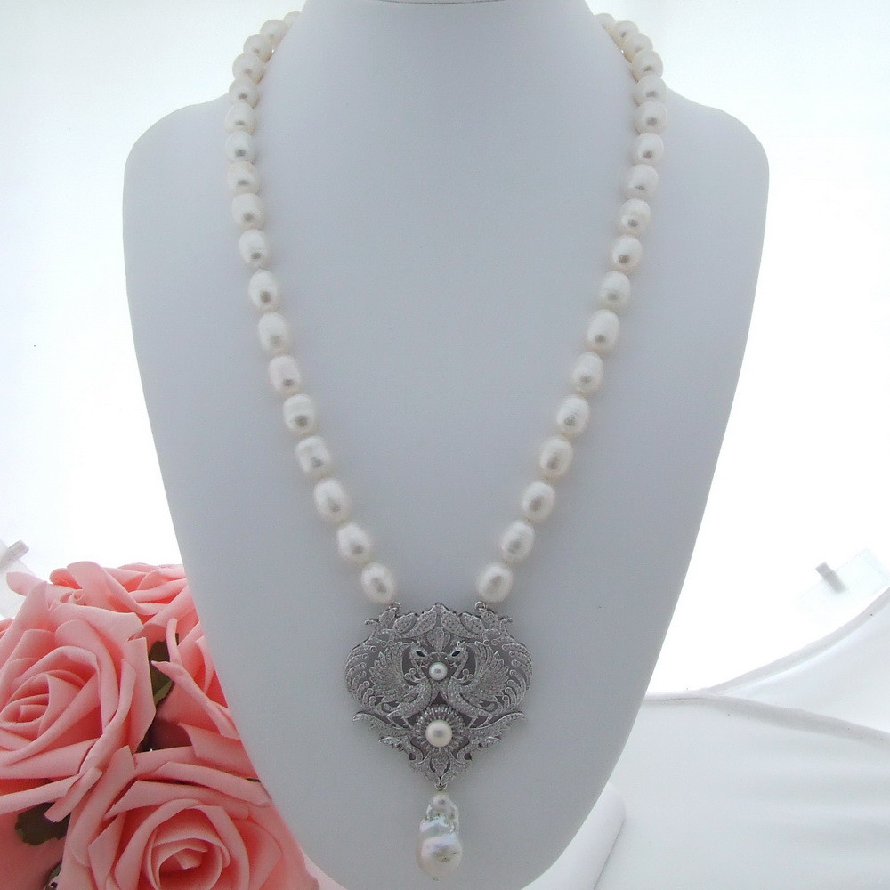 24” 14x26MM White Rice Pearl Necklace  CZ Pendant