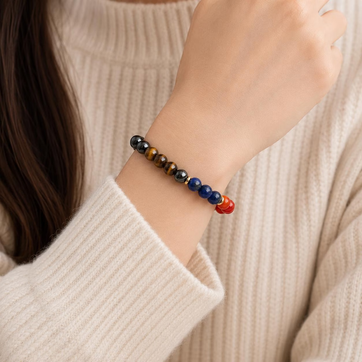 Natural Gemstone Beaded Bracelet Tiger Eye Lapis Coral Hematite Unisex Gift