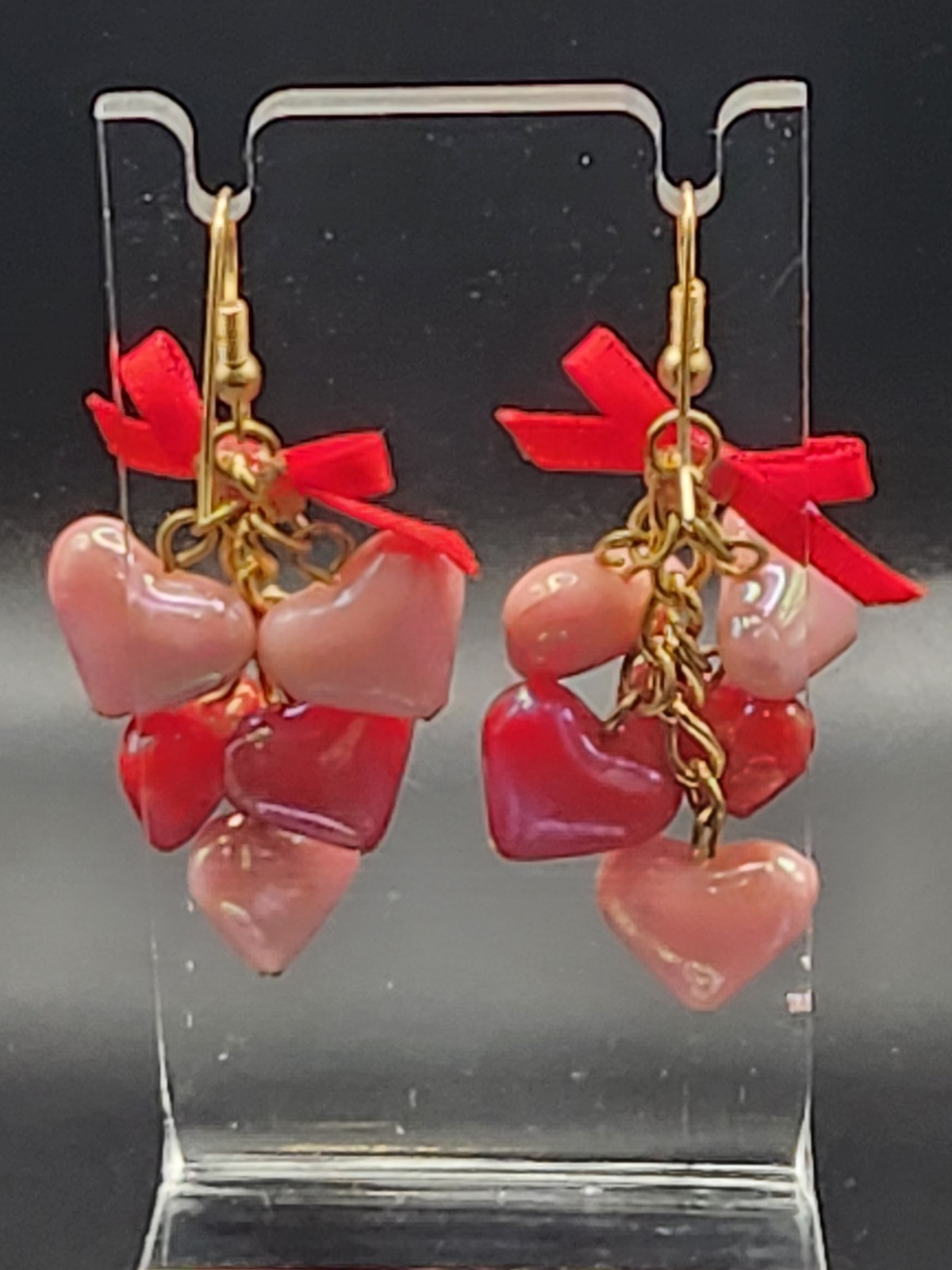 Red Pink Heart Cluster Dangle Earrings w/ Ribbon Bows Valentine Kawaii 9.3g