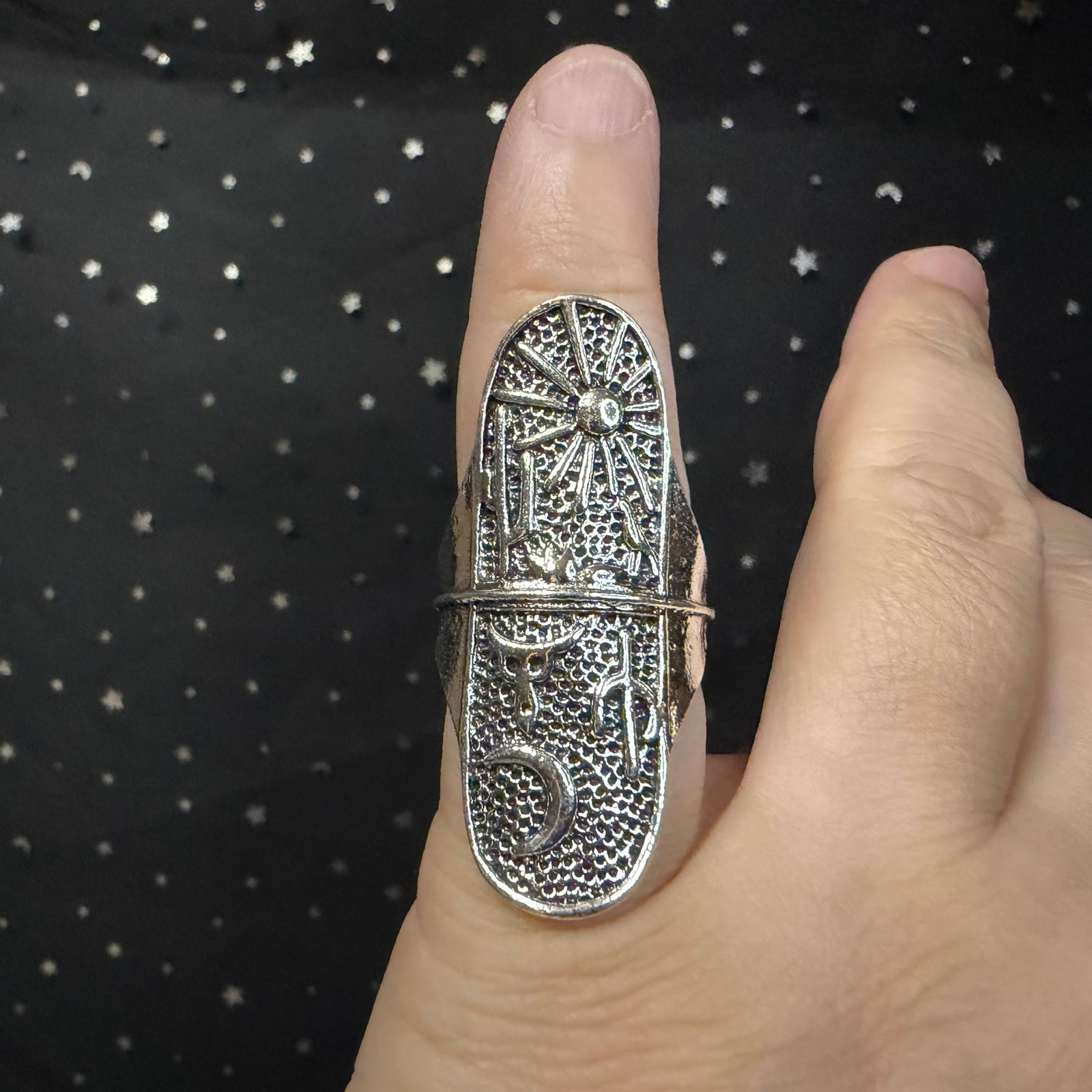 Celestial Statement Ring Size 5, Silver Tone Sun Moon Symbol Long Oval Ring