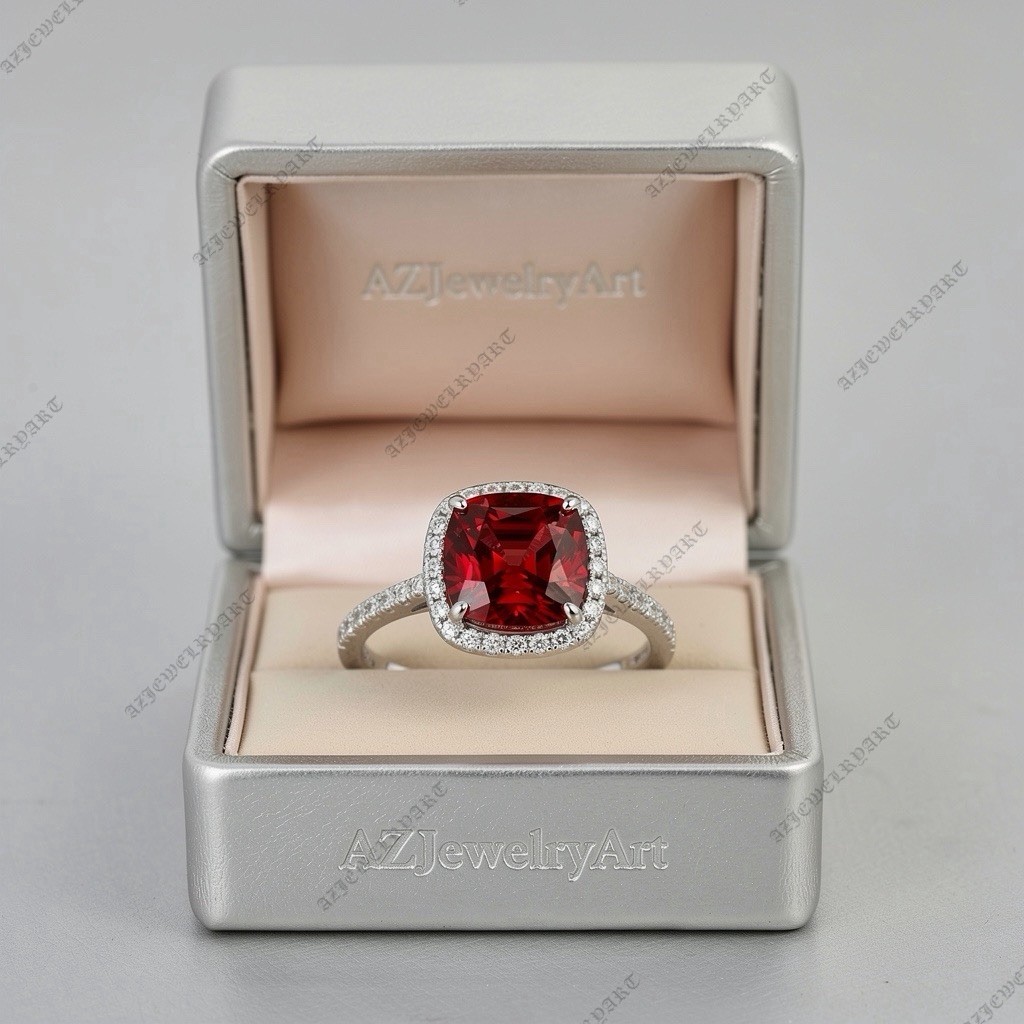 Cushion Cut Red Spinel Ring 925 Sterling Silver Women’s Engagement Ring.
