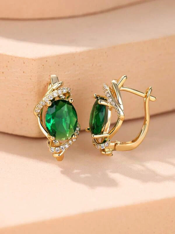 Green Rhinestone Stud Earrings Clear Crystals Wedding Bridal Prom Pageant