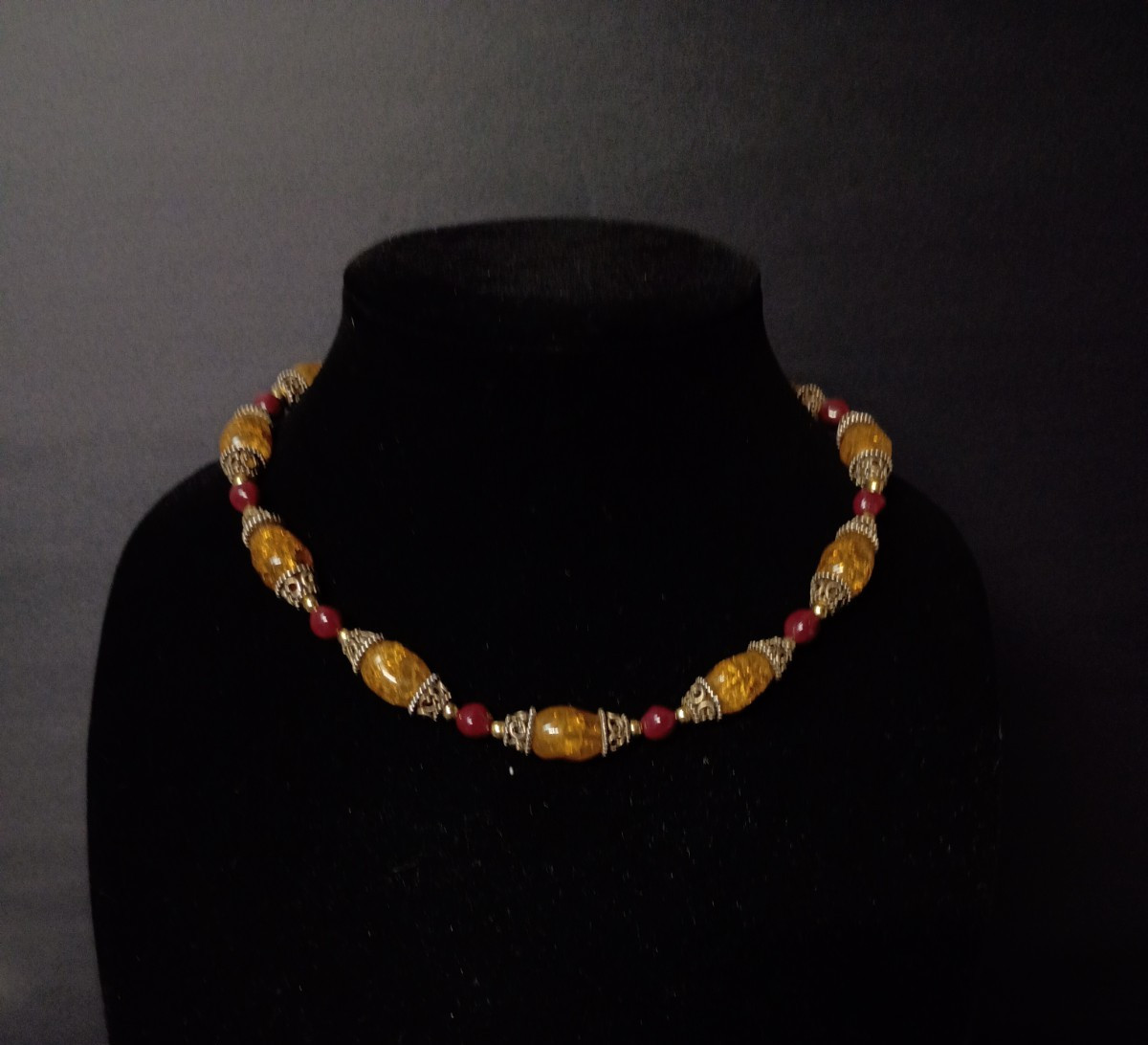 Premier Design Matching Set Necklace And Bracelet Amber & Red Beads Boho VTG