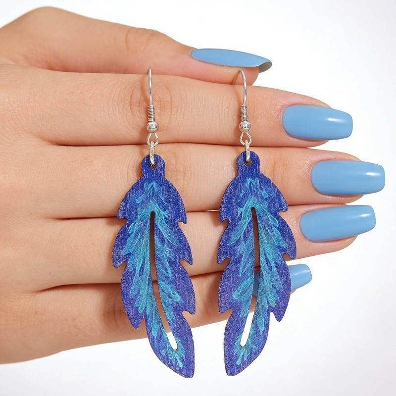 Bohemian Blue Wooden Feather Shape Eardrop Women’s Retro Pendant Earrings New