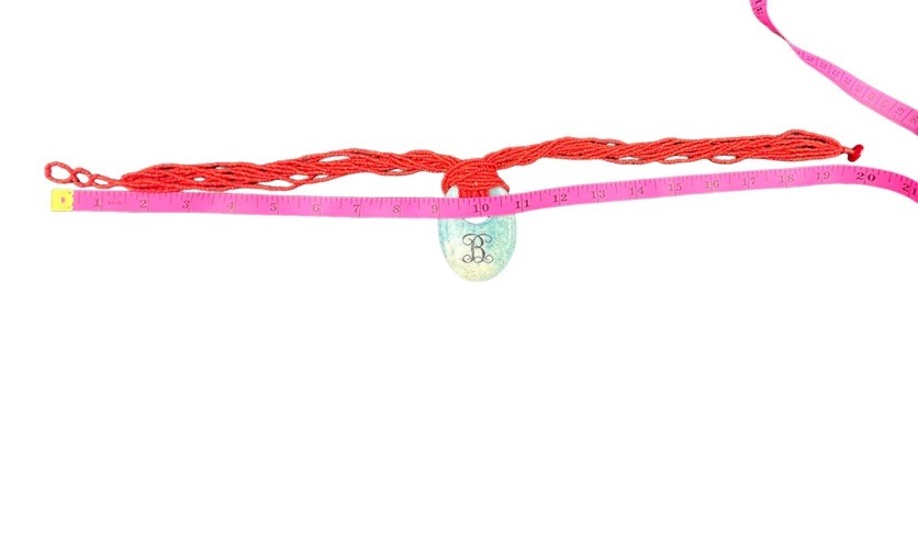 Red Multi-Strand Seed Bead Necklace with Blue Green Monogram “B” Stone Pendant