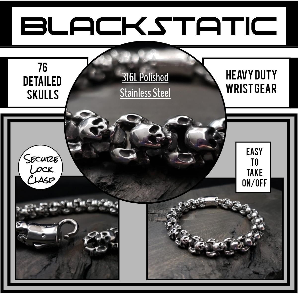 Polished Stainless Steel Silver Skull Bracelet w/Metal Gift Box – BLACKSTATIC
