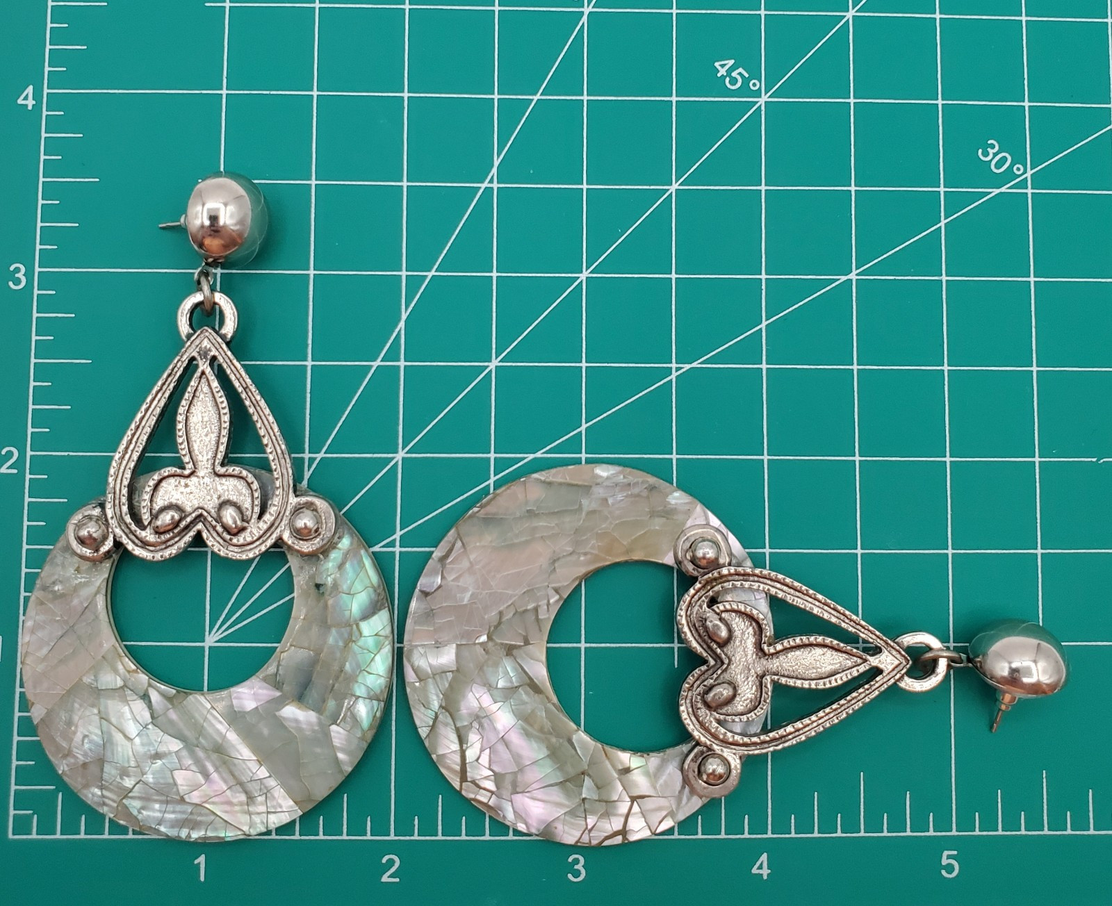 DLH Depose Earrings 3.5in Huge Pewter Iridescent Mosaic MOP Abalone VTG Estate