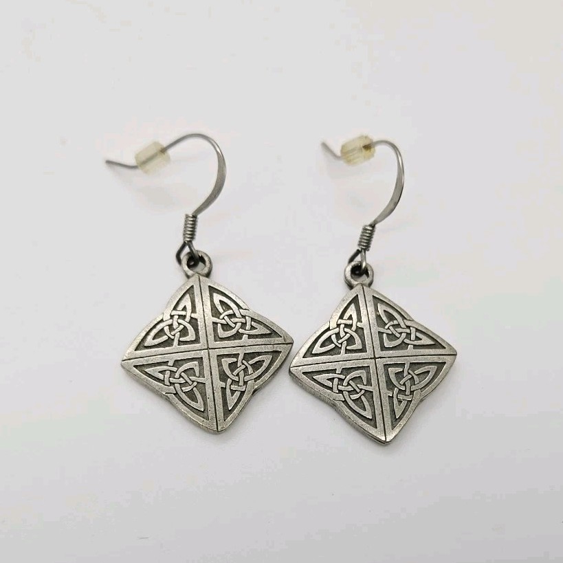 Danforth Earrings Fine Pewter Usa Pierced Dangle Celtic Cross 1.5 in Vintage