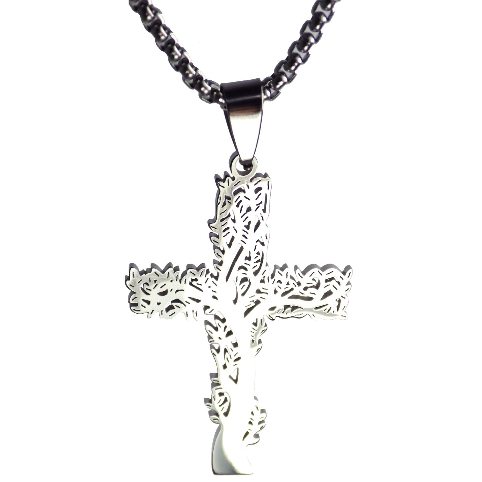 Nature Cross Necklace Silver Stainless Steel Religious Tree Crucifix Pendant